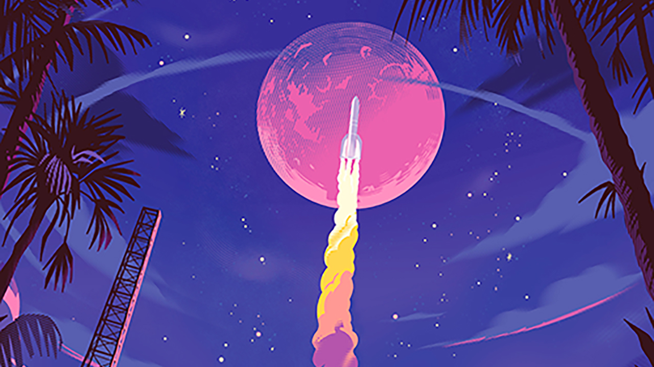 British illustrator Steve Scott gives a tropical twist to the lush setting of the Ariane 6 launch