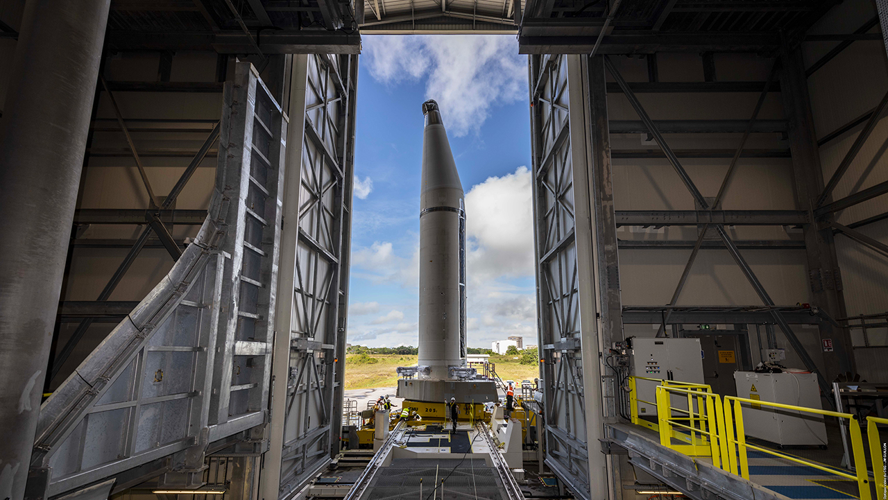 First Ariane 6 booster module on the launch pad